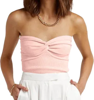 Womens Strapless Crop Top Sexy Sweetheart Neck Ribbed Knit Twisted Knot Front Sleeveless Y2K CamisoleTanks Top