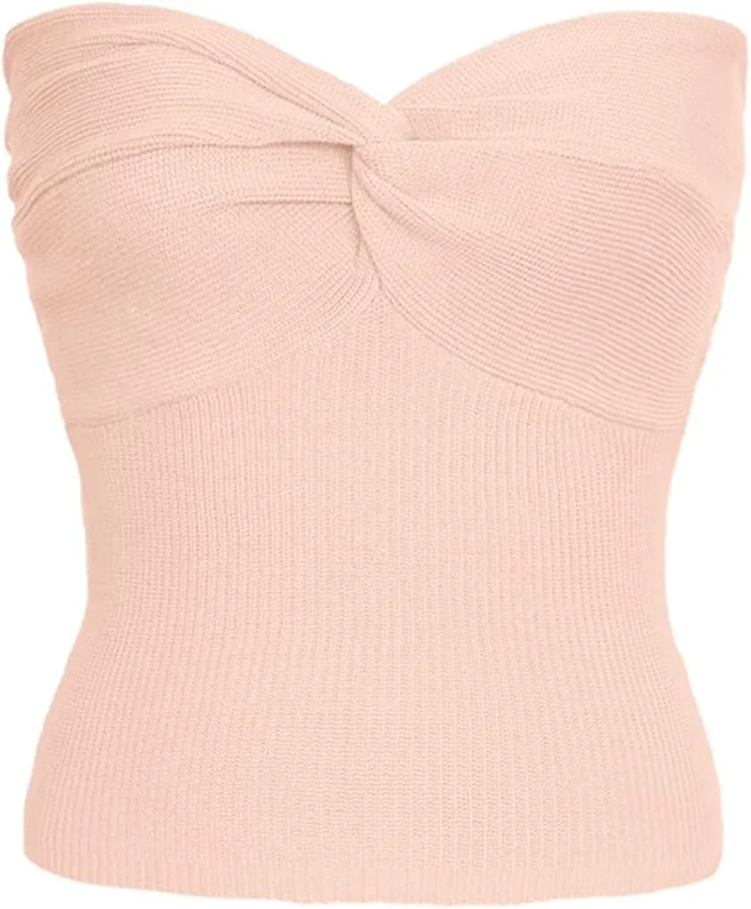 Womens Strapless Crop Top Sexy Sweetheart Neck Ribbed Knit Twisted Knot Front Sleeveless Y2K CamisoleTanks Top