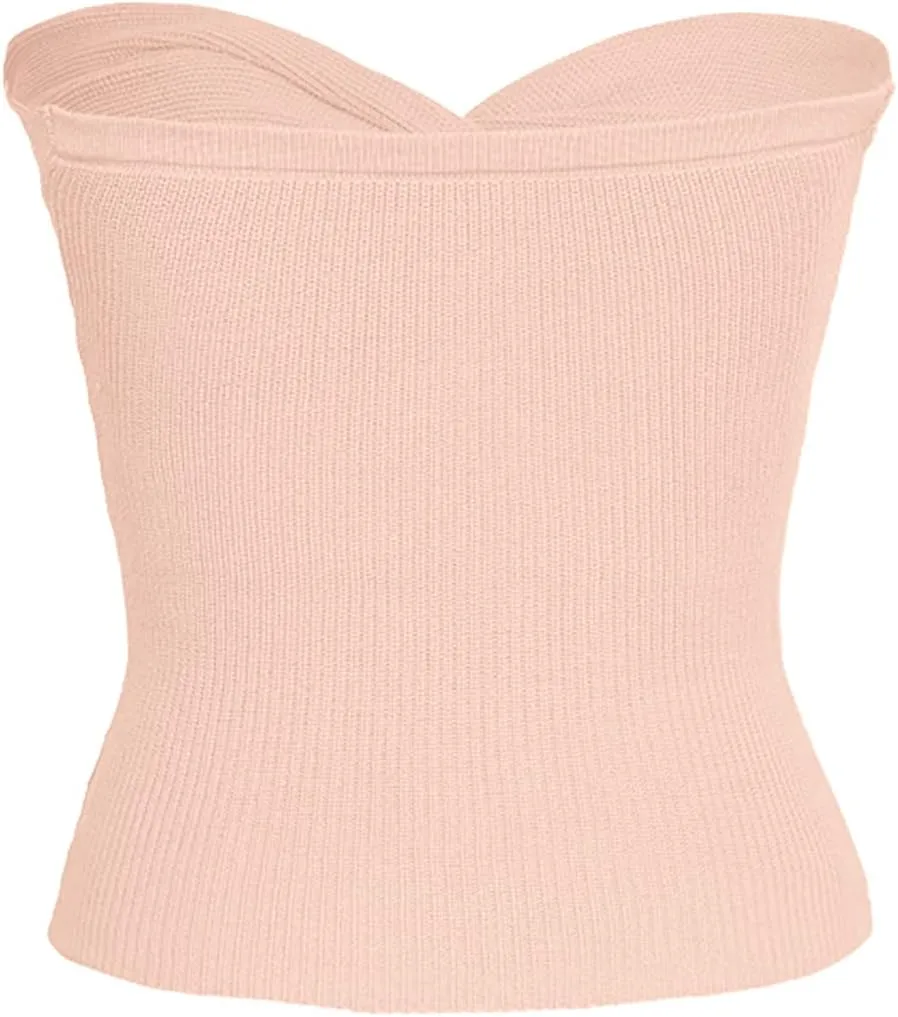 Womens Strapless Crop Top Sexy Sweetheart Neck Ribbed Knit Twisted Knot Front Sleeveless Y2K CamisoleTanks Top