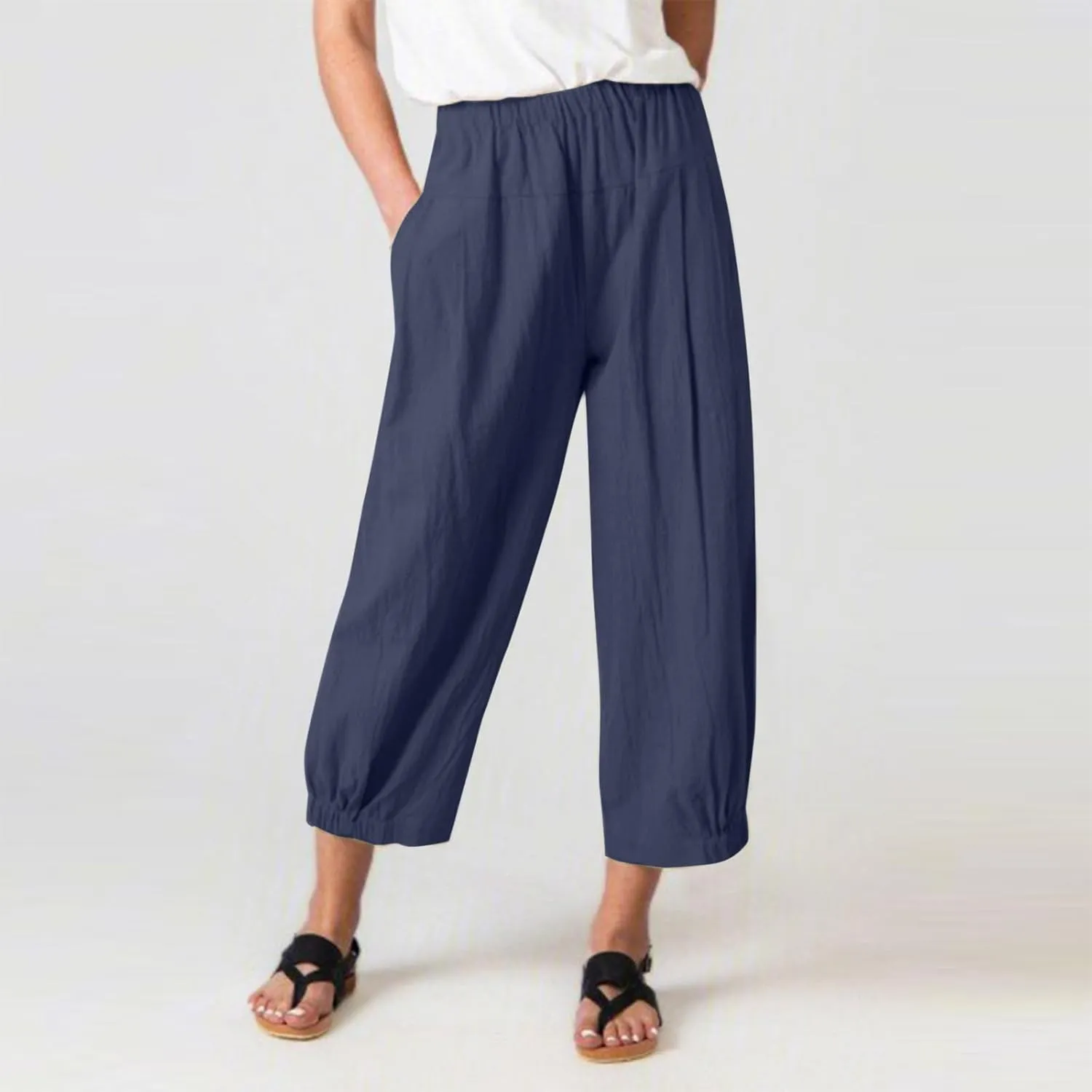 Womens Summer Capri Pants Lightweight Casual Cotton Linen Pants Elastic High Waist Wide Leg Cropped Trousers Pockets