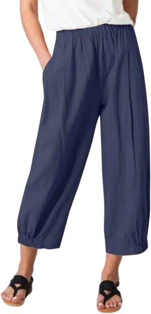 Womens Summer Capri Pants Lightweight Casual Cotton Linen Pants Elastic High Waist Wide Leg Cropped Trousers Pockets