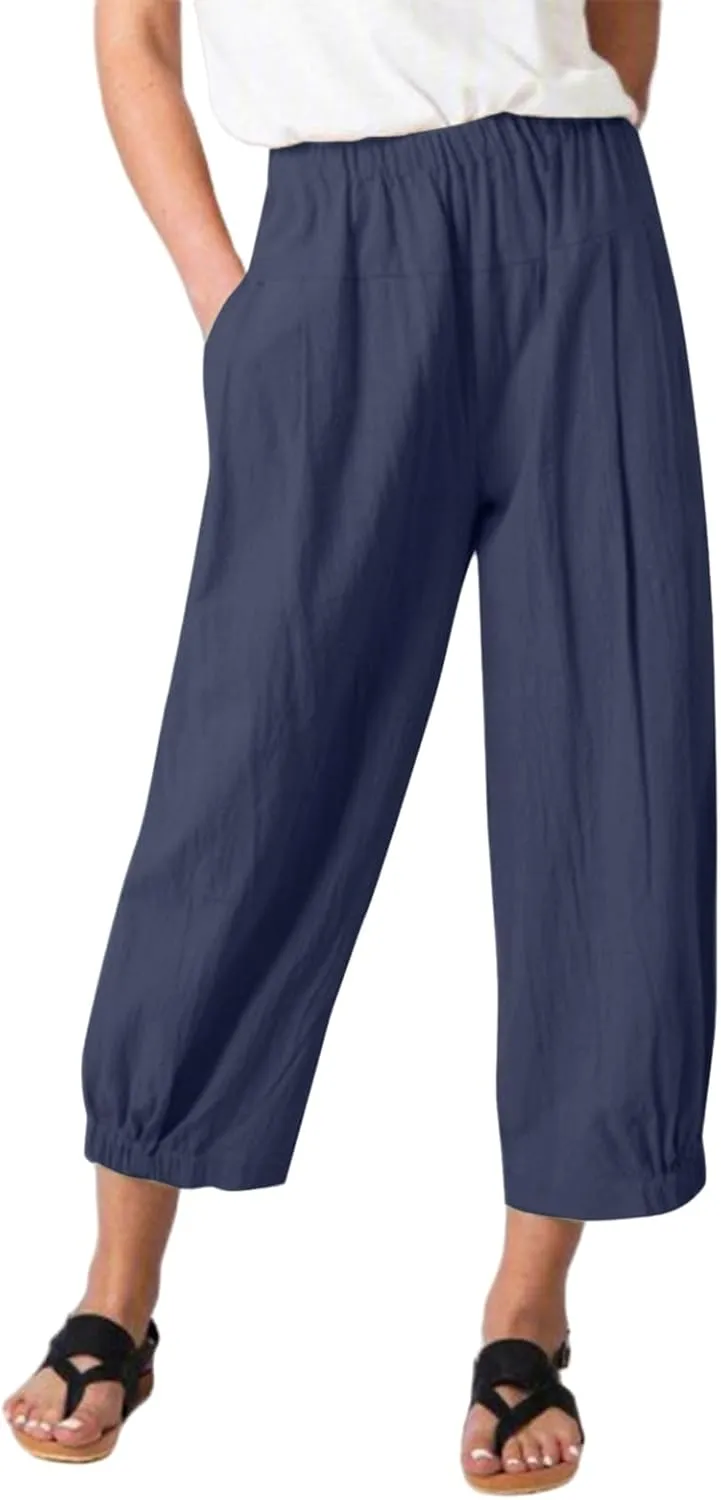 Womens Summer Capri Pants Lightweight Casual Cotton Linen Pants Elastic High Waist Wide Leg Cropped Trousers Pockets