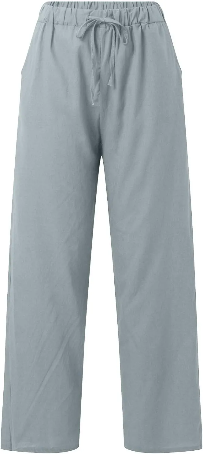 Women's Summer Casual Linen Pants Long Drawstring Women Waist Cotton Casual Pants Lightweight Loose Trousers