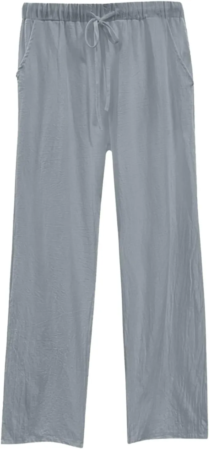 Women's Summer Casual Linen Pants Long Drawstring Women Waist Cotton Casual Pants Lightweight Loose Trousers