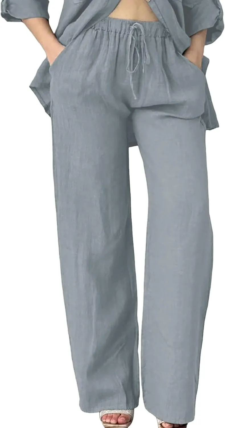 Women's Summer Casual Linen Pants Long Drawstring Women Waist Cotton Casual Pants Lightweight Loose Trousers
