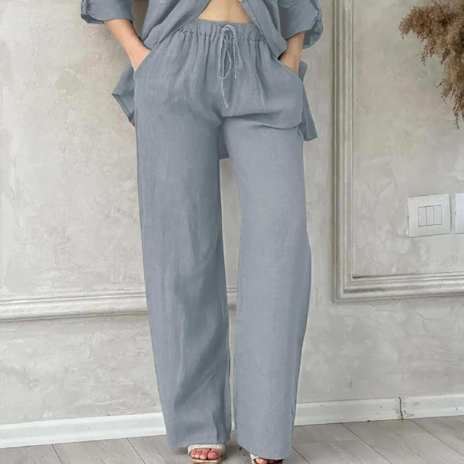 Women's Summer Casual Linen Pants Long Drawstring Women Waist Cotton Casual Pants Lightweight Loose Trousers