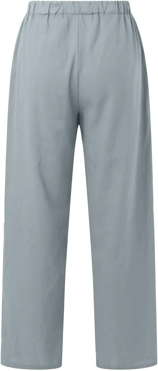 Women's Summer Casual Linen Pants Long Drawstring Women Waist Cotton Casual Pants Lightweight Loose Trousers