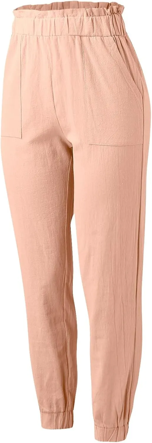 Women's Summer Cotton Linen Pants High Elastic Waisted Straight Leg Casual Pants Trendy Beach Trousers with Pockets
