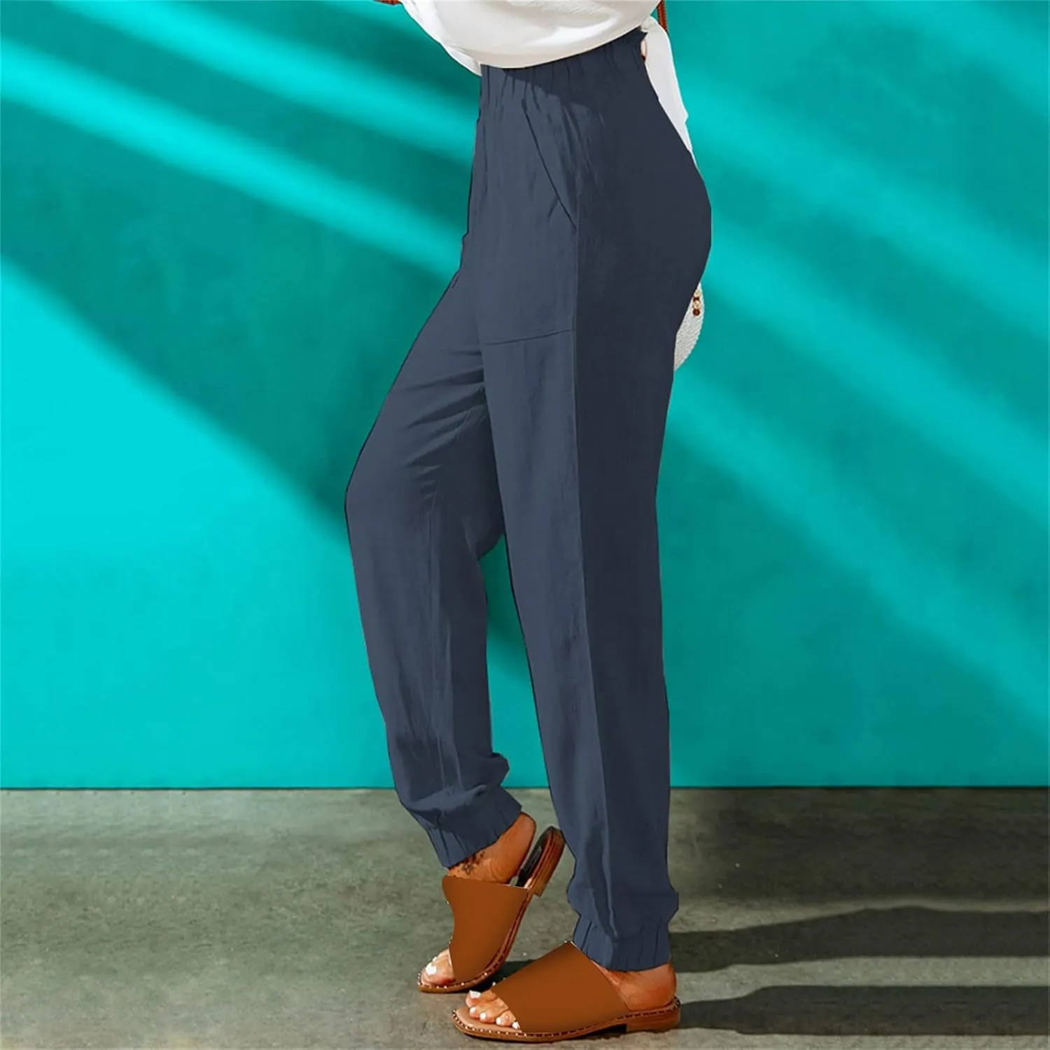 Women's Summer Cotton Linen Pants High Elastic Waisted Straight Leg Casual Pants Trendy Beach Trousers with Pockets