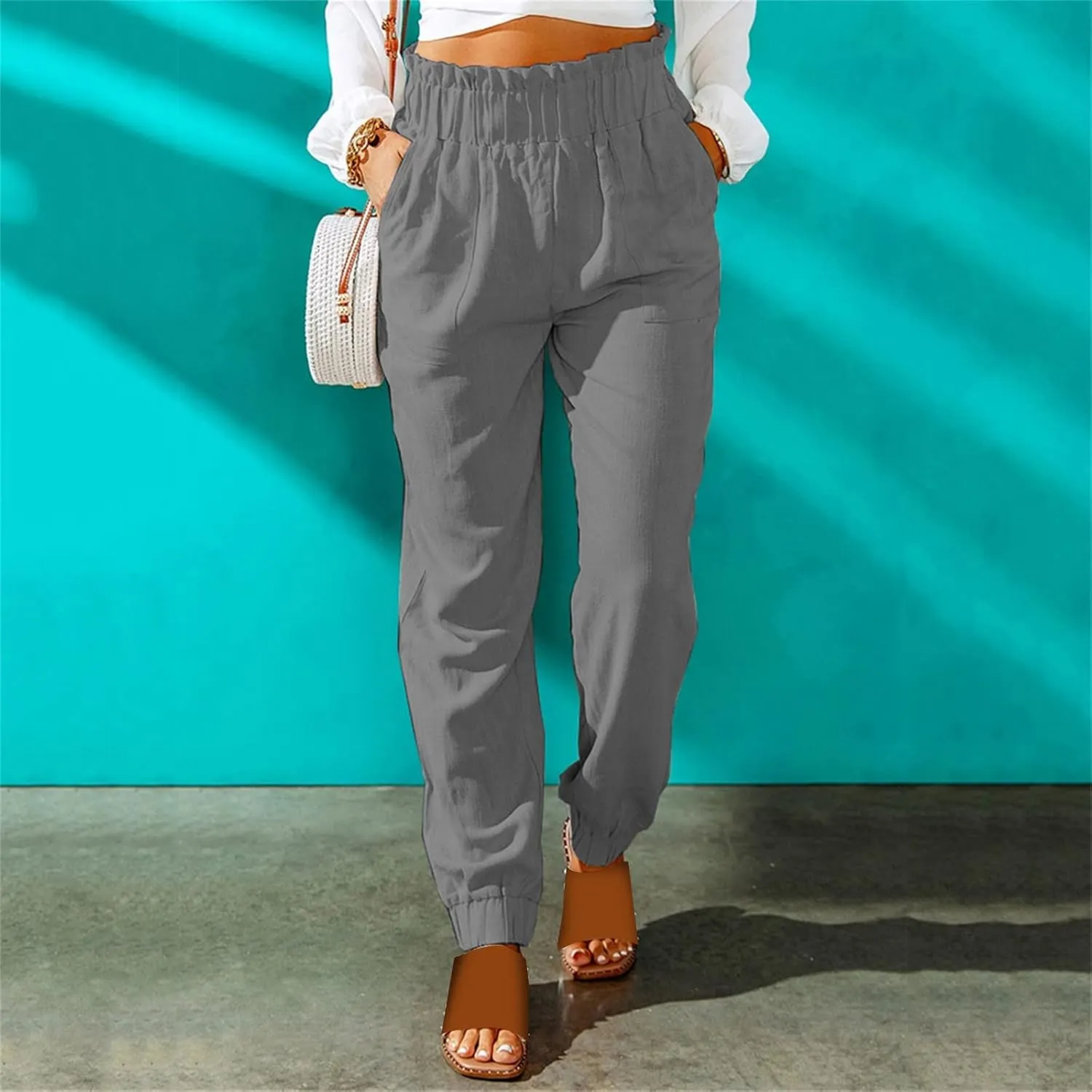 Women's Summer Cotton Linen Pants High Elastic Waisted Straight Leg Casual Pants Trendy Beach Trousers with Pockets