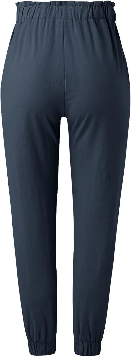 Women's Summer Cotton Linen Pants High Elastic Waisted Straight Leg Casual Pants Trendy Beach Trousers with Pockets