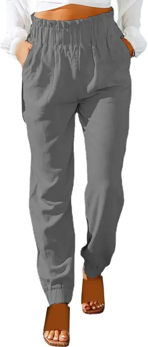 Women's Summer Cotton Linen Pants High Elastic Waisted Straight Leg Casual Pants Trendy Beach Trousers with Pockets