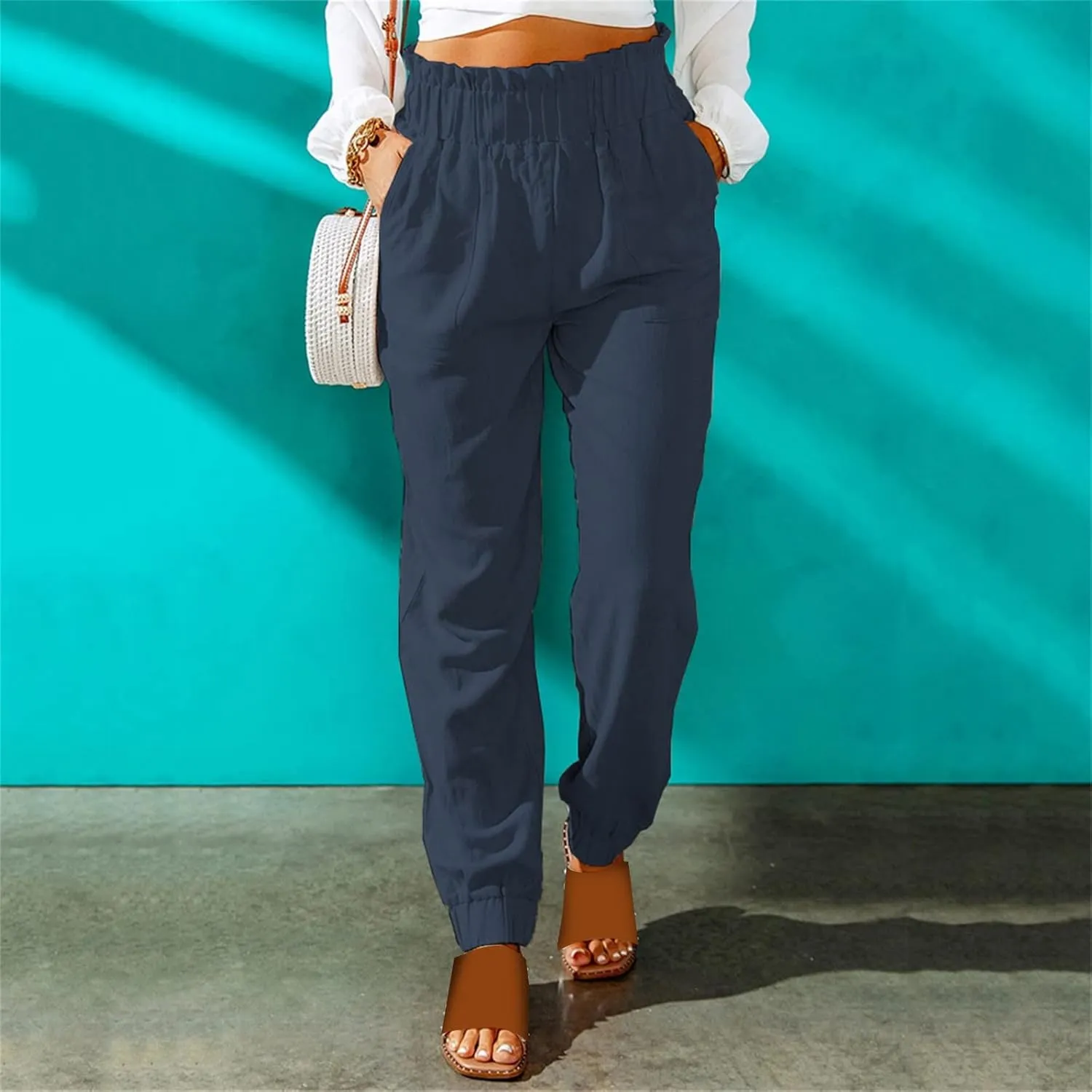 Women's Summer Cotton Linen Pants High Elastic Waisted Straight Leg Casual Pants Trendy Beach Trousers with Pockets