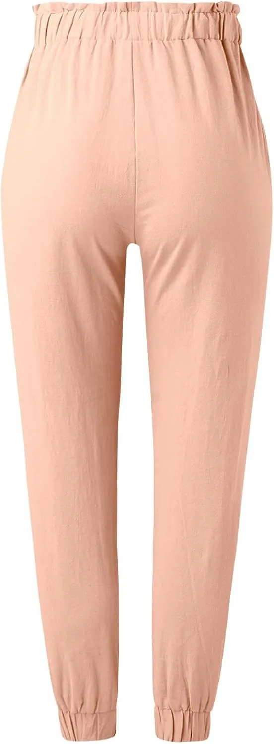 Women's Summer Cotton Linen Pants High Elastic Waisted Straight Leg Casual Pants Trendy Beach Trousers with Pockets