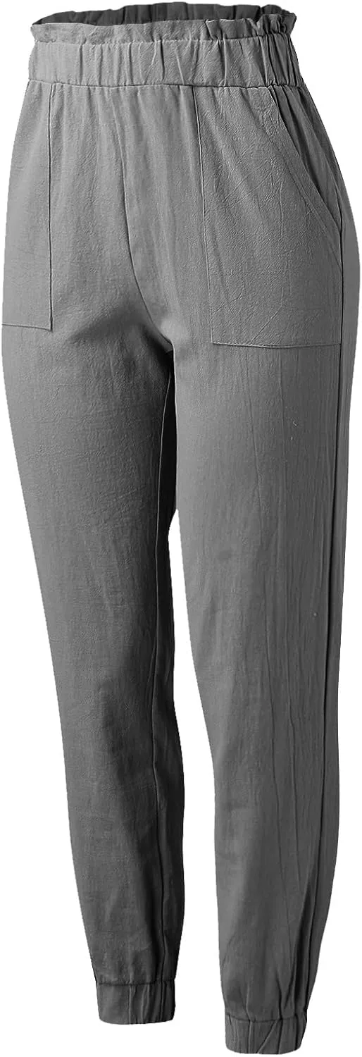 Women's Summer Cotton Linen Pants High Elastic Waisted Straight Leg Casual Pants Trendy Beach Trousers with Pockets