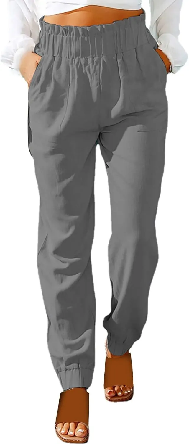 Women's Summer Cotton Linen Pants High Elastic Waisted Straight Leg Casual Pants Trendy Beach Trousers with Pockets