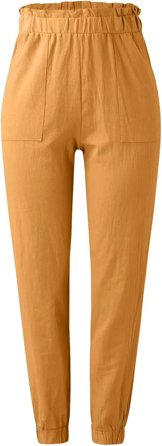 Women's Summer Cotton Linen Pants High Elastic Waisted Straight Leg Casual Pants Trendy Beach Trousers with Pockets