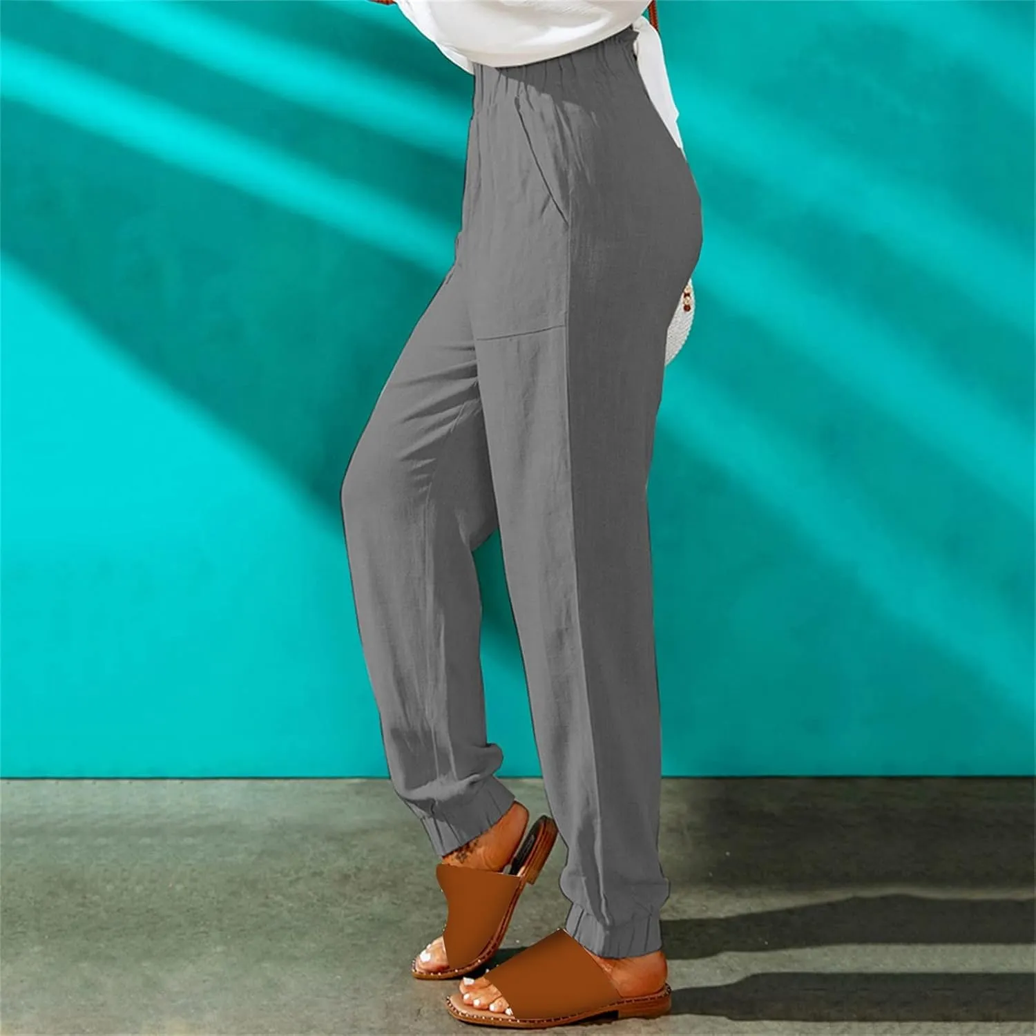 Women's Summer Cotton Linen Pants High Elastic Waisted Straight Leg Casual Pants Trendy Beach Trousers with Pockets