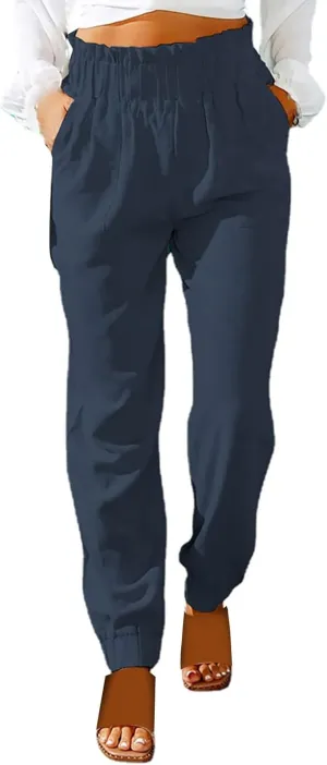 Women's Summer Cotton Linen Pants High Elastic Waisted Straight Leg Casual Pants Trendy Beach Trousers with Pockets