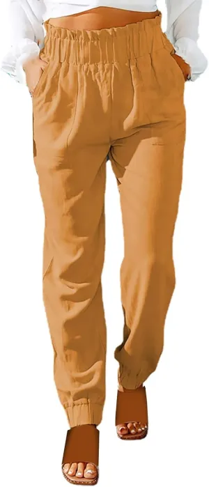 Women's Summer Cotton Linen Pants High Elastic Waisted Straight Leg Casual Pants Trendy Beach Trousers with Pockets