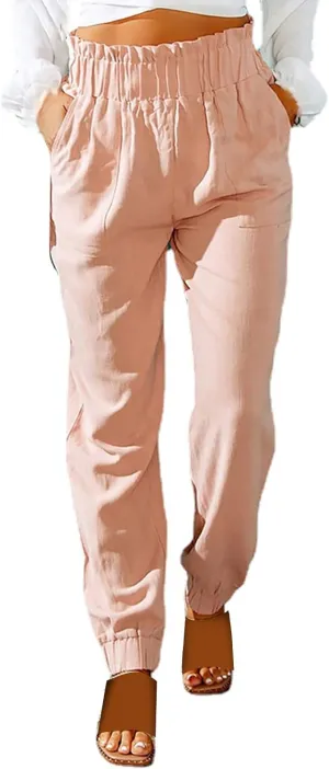 Women's Summer Cotton Linen Pants High Elastic Waisted Straight Leg Casual Pants Trendy Beach Trousers with Pockets
