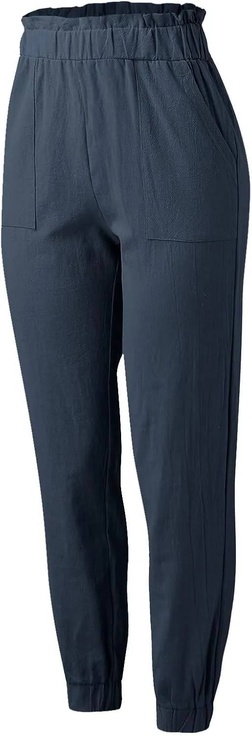 Women's Summer Cotton Linen Pants High Elastic Waisted Straight Leg Casual Pants Trendy Beach Trousers with Pockets