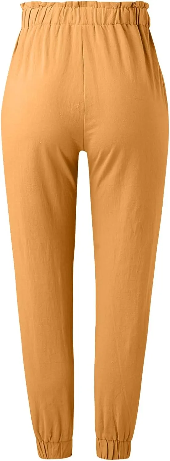 Women's Summer Cotton Linen Pants High Elastic Waisted Straight Leg Casual Pants Trendy Beach Trousers with Pockets