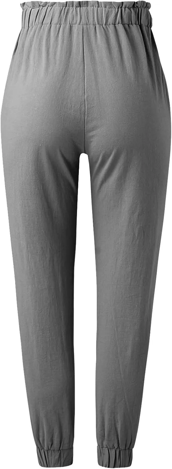 Women's Summer Cotton Linen Pants High Elastic Waisted Straight Leg Casual Pants Trendy Beach Trousers with Pockets