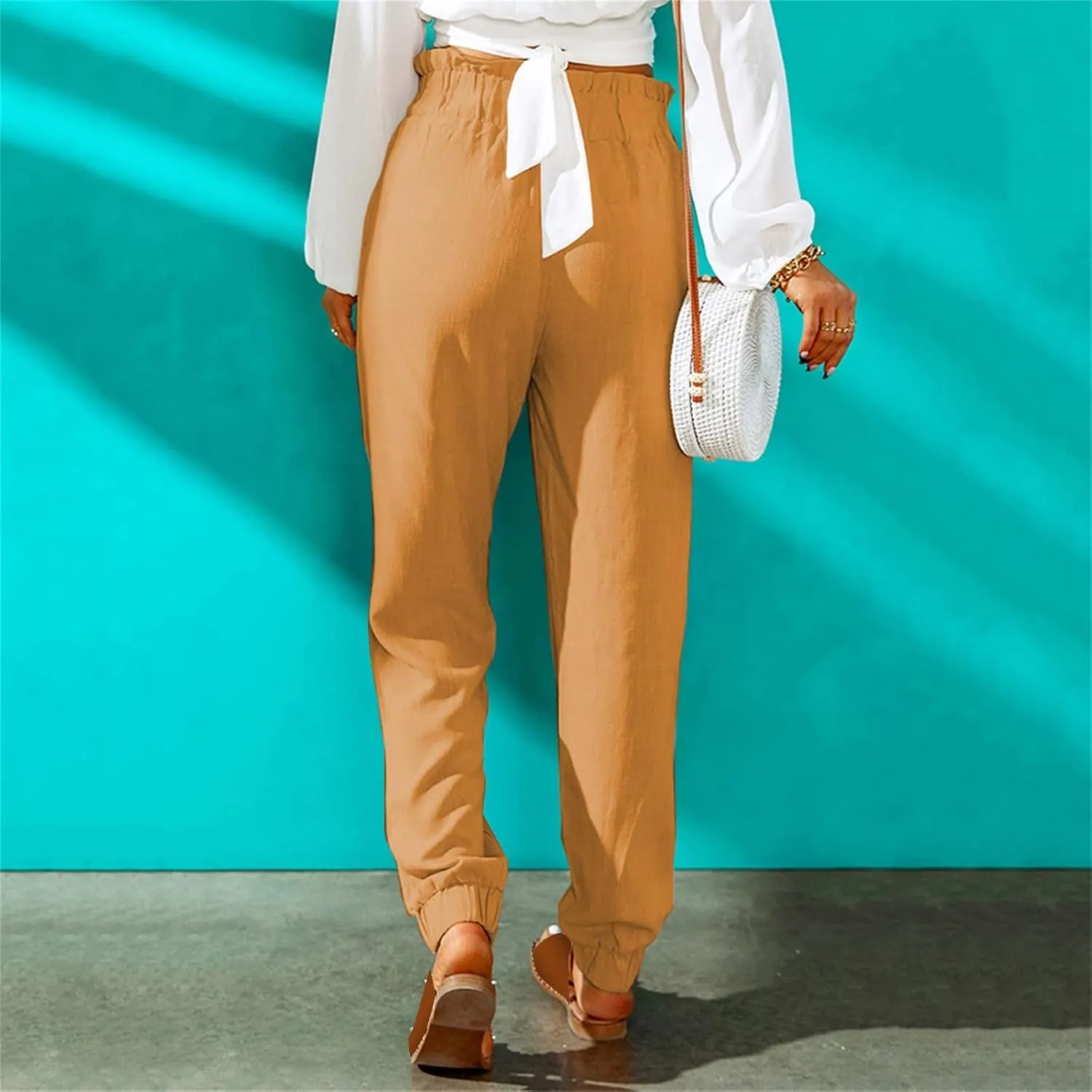 Women's Summer Cotton Linen Pants High Elastic Waisted Straight Leg Casual Pants Trendy Beach Trousers with Pockets