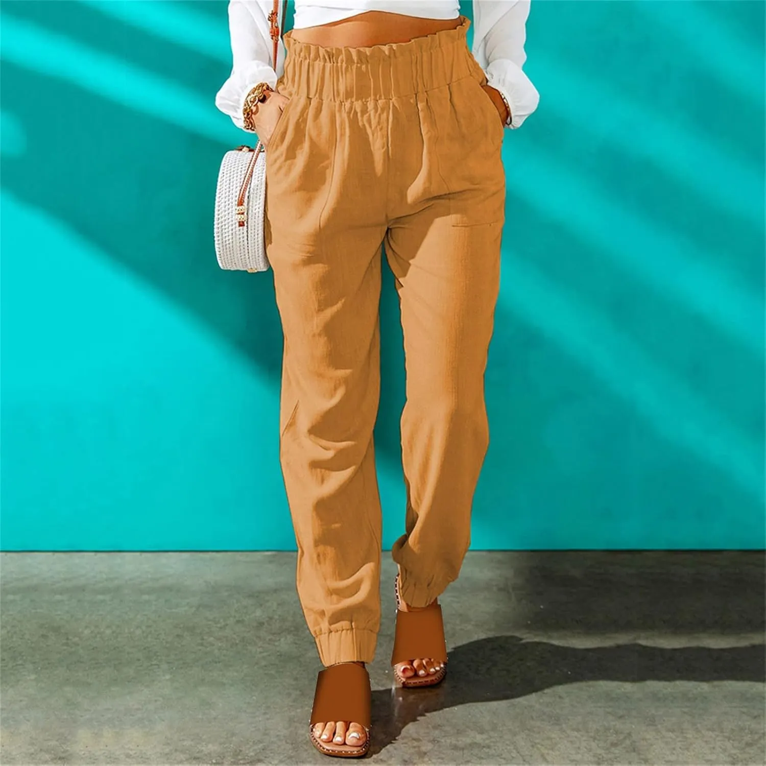 Women's Summer Cotton Linen Pants High Elastic Waisted Straight Leg Casual Pants Trendy Beach Trousers with Pockets