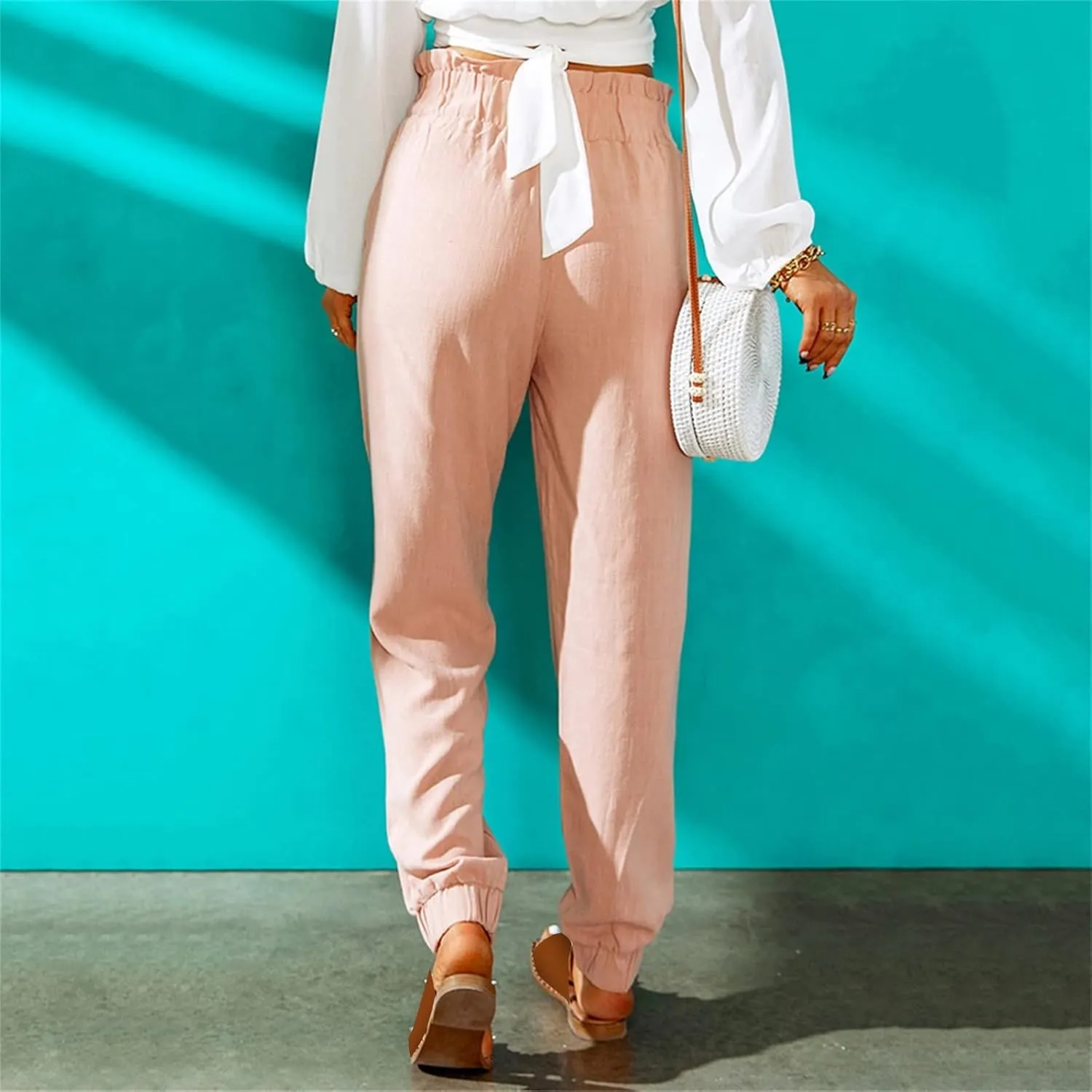 Women's Summer Cotton Linen Pants High Elastic Waisted Straight Leg Casual Pants Trendy Beach Trousers with Pockets
