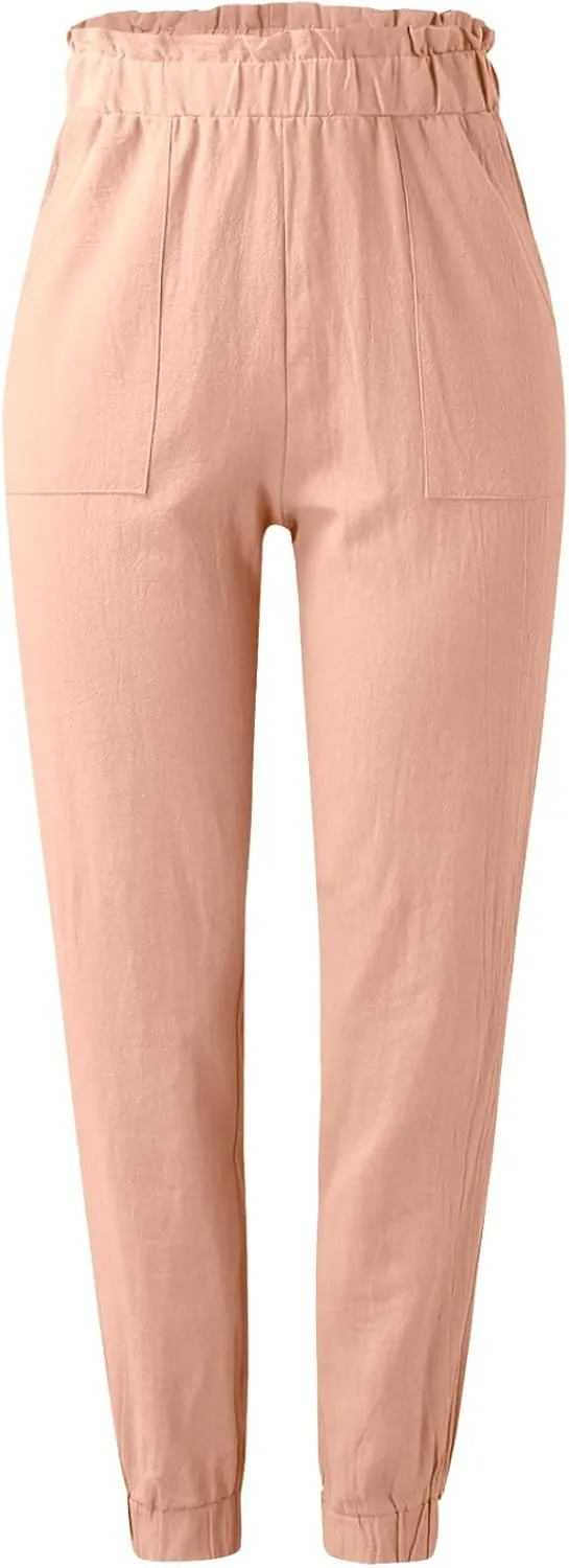 Women's Summer Cotton Linen Pants High Elastic Waisted Straight Leg Casual Pants Trendy Beach Trousers with Pockets