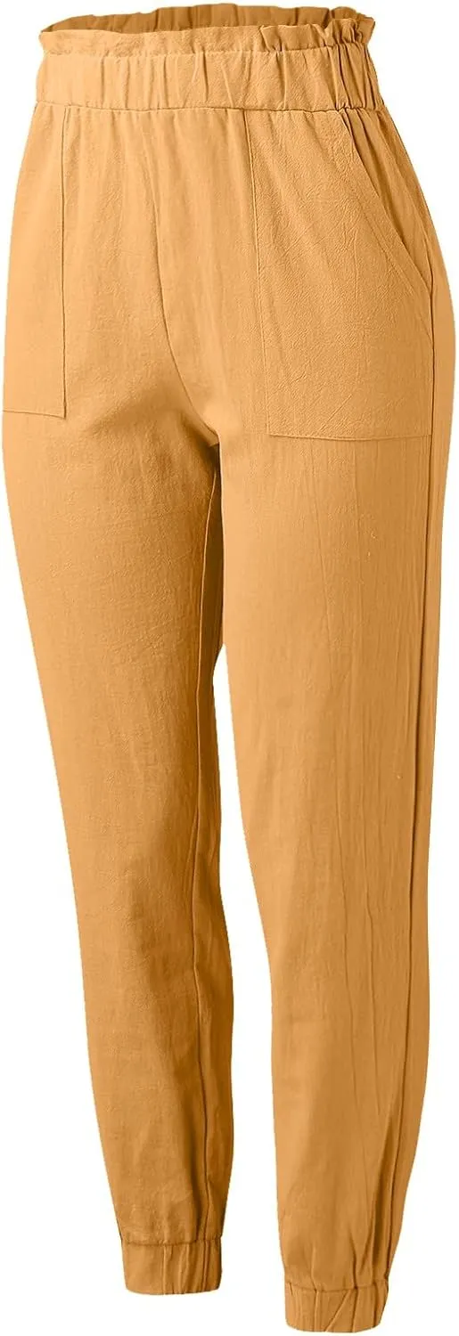 Women's Summer Cotton Linen Pants High Elastic Waisted Straight Leg Casual Pants Trendy Beach Trousers with Pockets