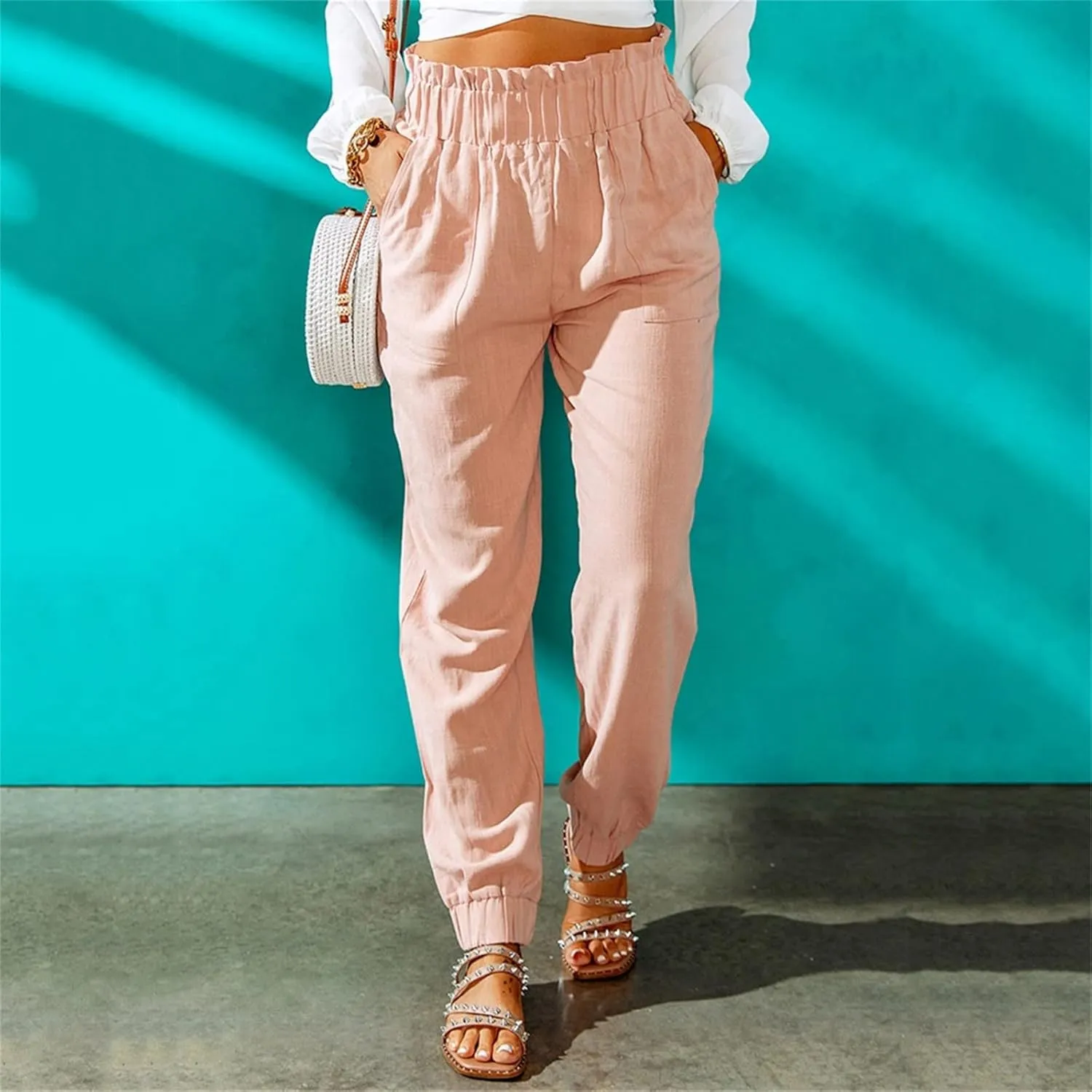 Women's Summer Cotton Linen Pants High Elastic Waisted Straight Leg Casual Pants Trendy Beach Trousers with Pockets