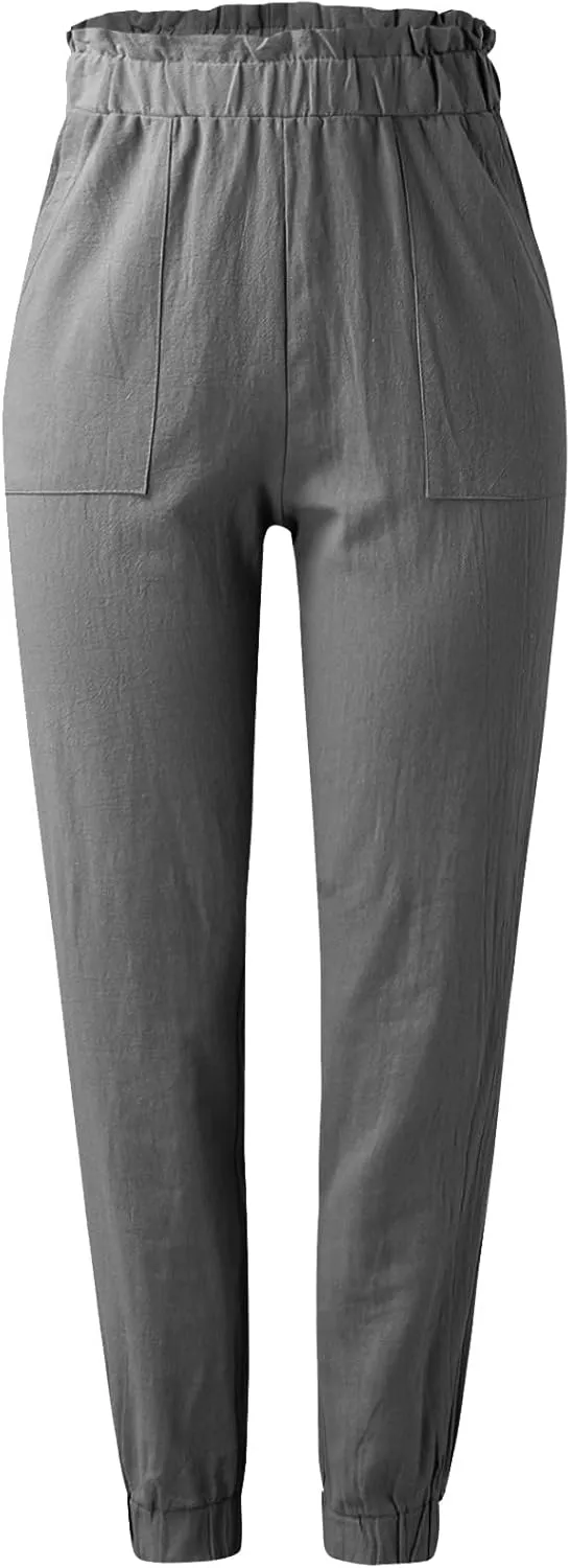 Women's Summer Cotton Linen Pants High Elastic Waisted Straight Leg Casual Pants Trendy Beach Trousers with Pockets