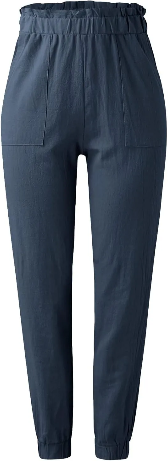 Women's Summer Cotton Linen Pants High Elastic Waisted Straight Leg Casual Pants Trendy Beach Trousers with Pockets