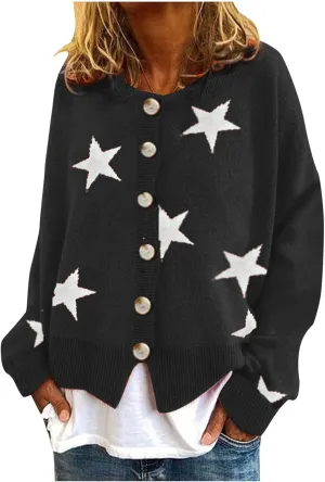Women's Sweaters Slouchy Knit Chunky Open Front Loose Star Print Cardigan Coat with Pockets Lightweight V Neck Sweaters