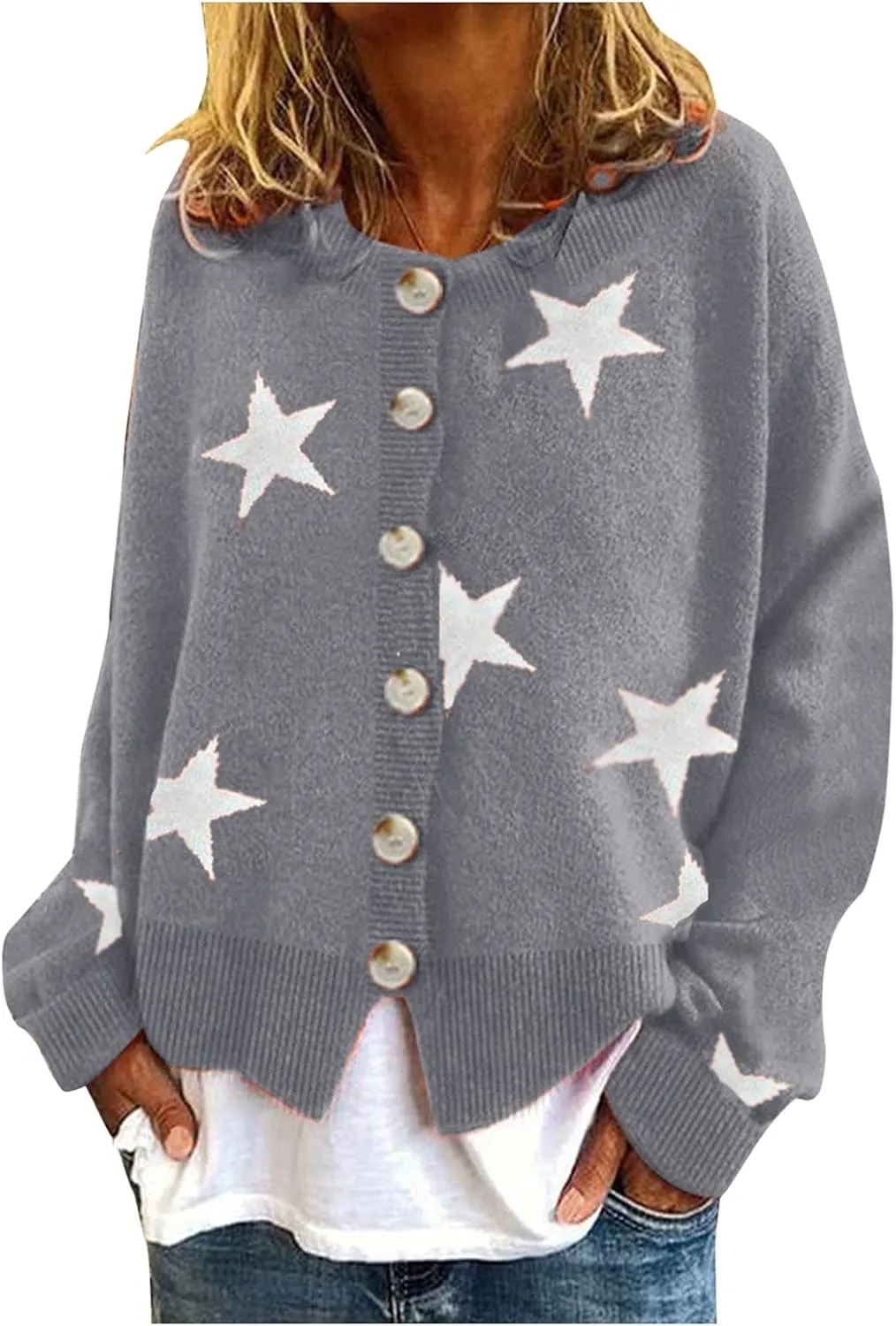 Women's Sweaters Slouchy Knit Chunky Open Front Loose Star Print Cardigan Coat with Pockets Lightweight V Neck Sweaters