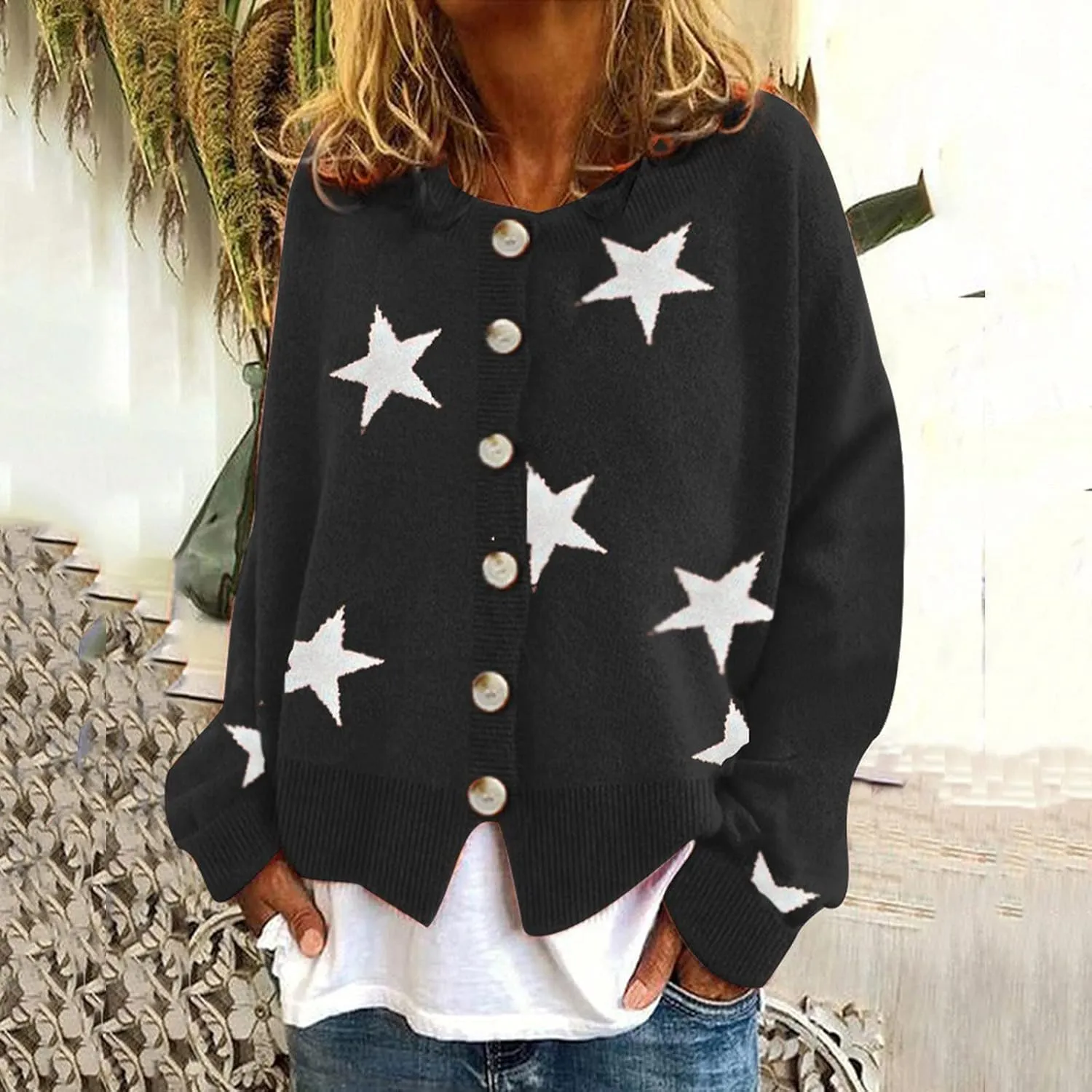 Women's Sweaters Slouchy Knit Chunky Open Front Loose Star Print Cardigan Coat with Pockets Lightweight V Neck Sweaters