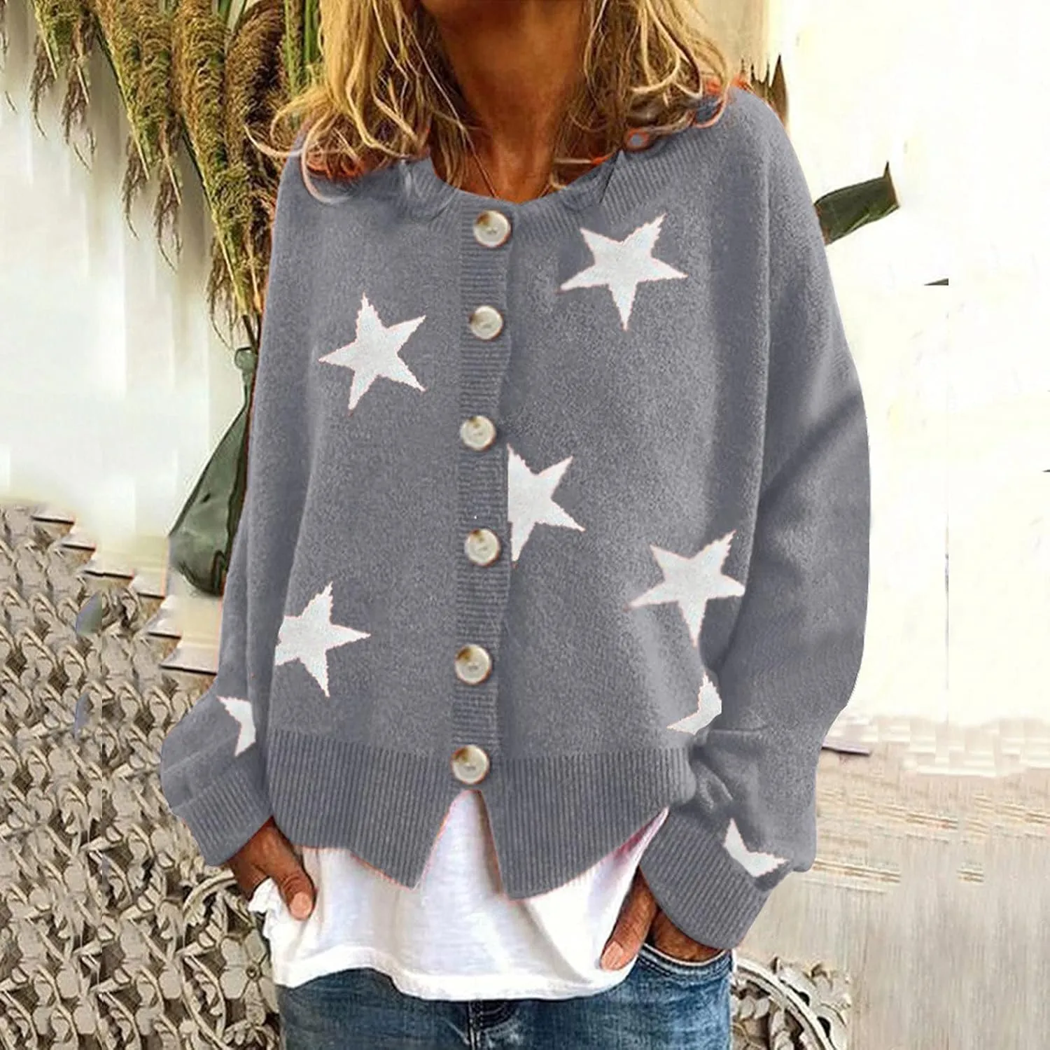 Women's Sweaters Slouchy Knit Chunky Open Front Loose Star Print Cardigan Coat with Pockets Lightweight V Neck Sweaters