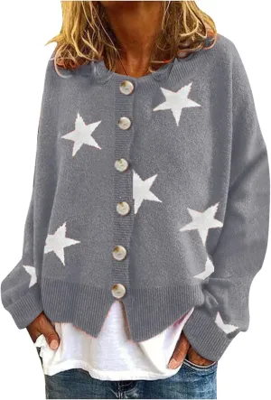 Women's Sweaters Slouchy Knit Chunky Open Front Loose Star Print Cardigan Coat with Pockets Lightweight V Neck Sweaters