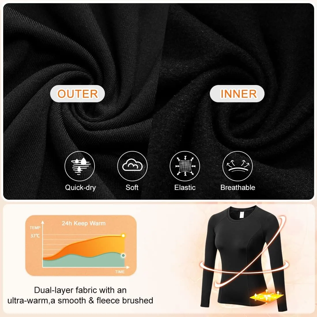 Womens Thermal Shirts Cold Weather Fleece Lined Base Layer Top Long Sleeve Warm Slim Fit Undershirt Quick Dry