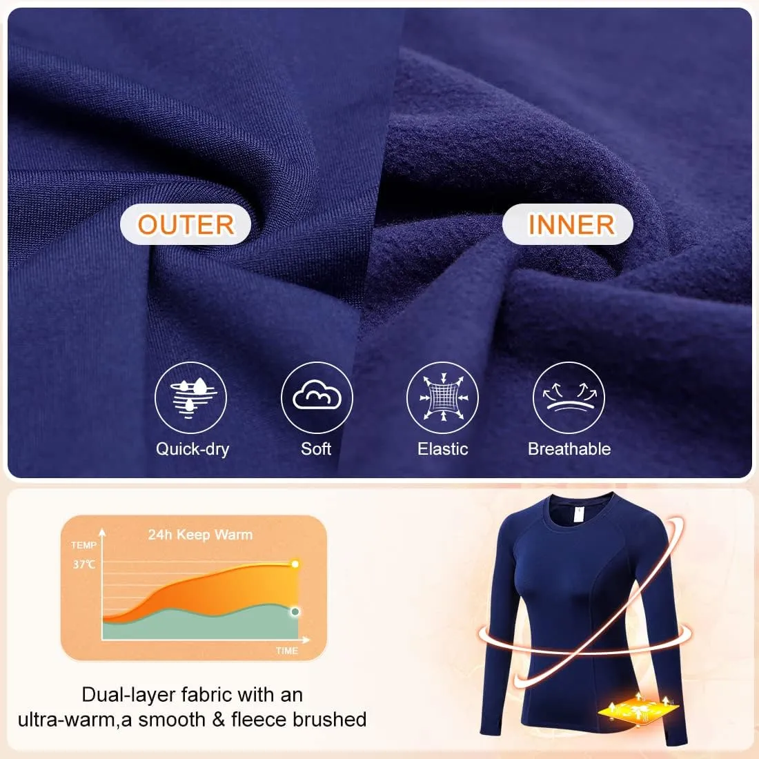 Womens Thermal Shirts Cold Weather Fleece Lined Base Layer Top Long Sleeve Warm Slim Fit Undershirt Quick Dry