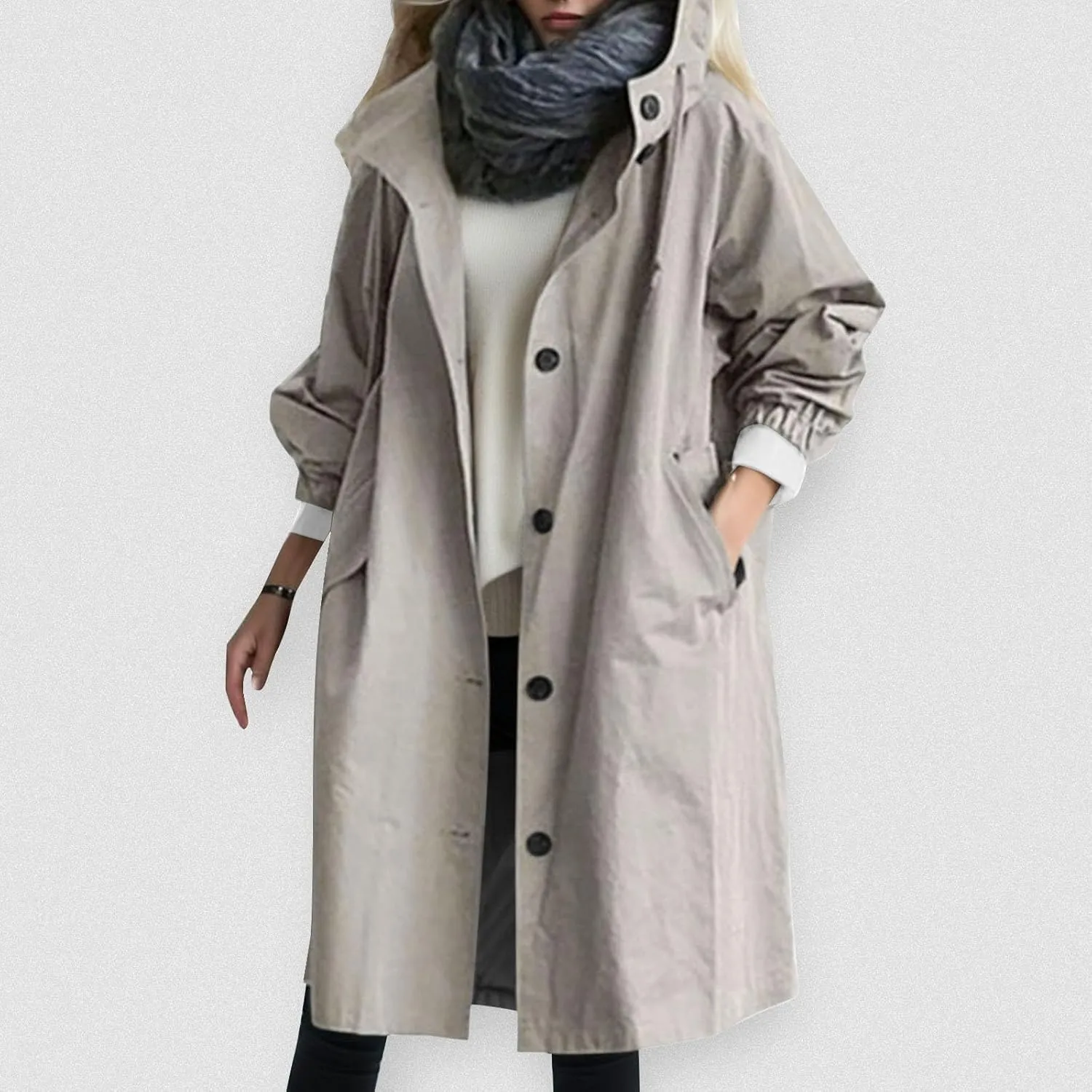 Womens Trench Coat Plus Size Waterproof Raincoat Lightweight Long Hooded Pea Coat Lined Windbreaker Elegant Jacket