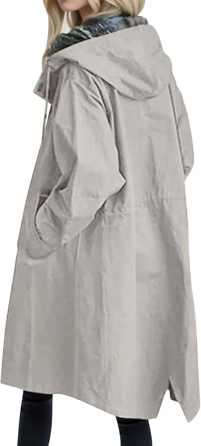 Womens Trench Coat Plus Size Waterproof Raincoat Lightweight Long Hooded Pea Coat Lined Windbreaker Elegant Jacket