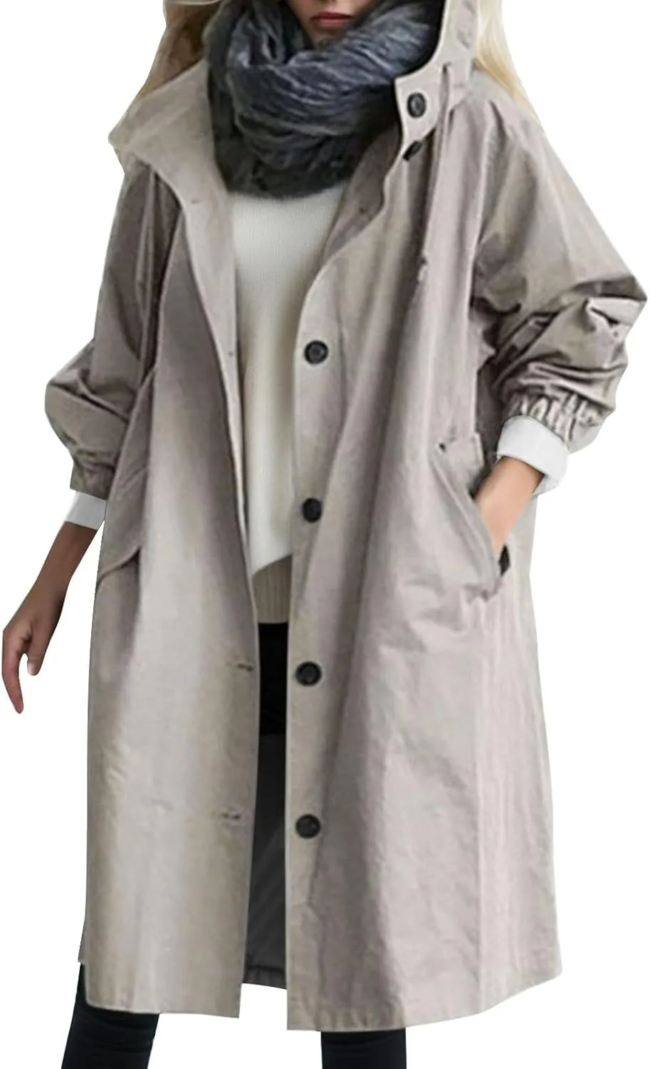 Womens Trench Coat Plus Size Waterproof Raincoat Lightweight Long Hooded Pea Coat Lined Windbreaker Elegant Jacket