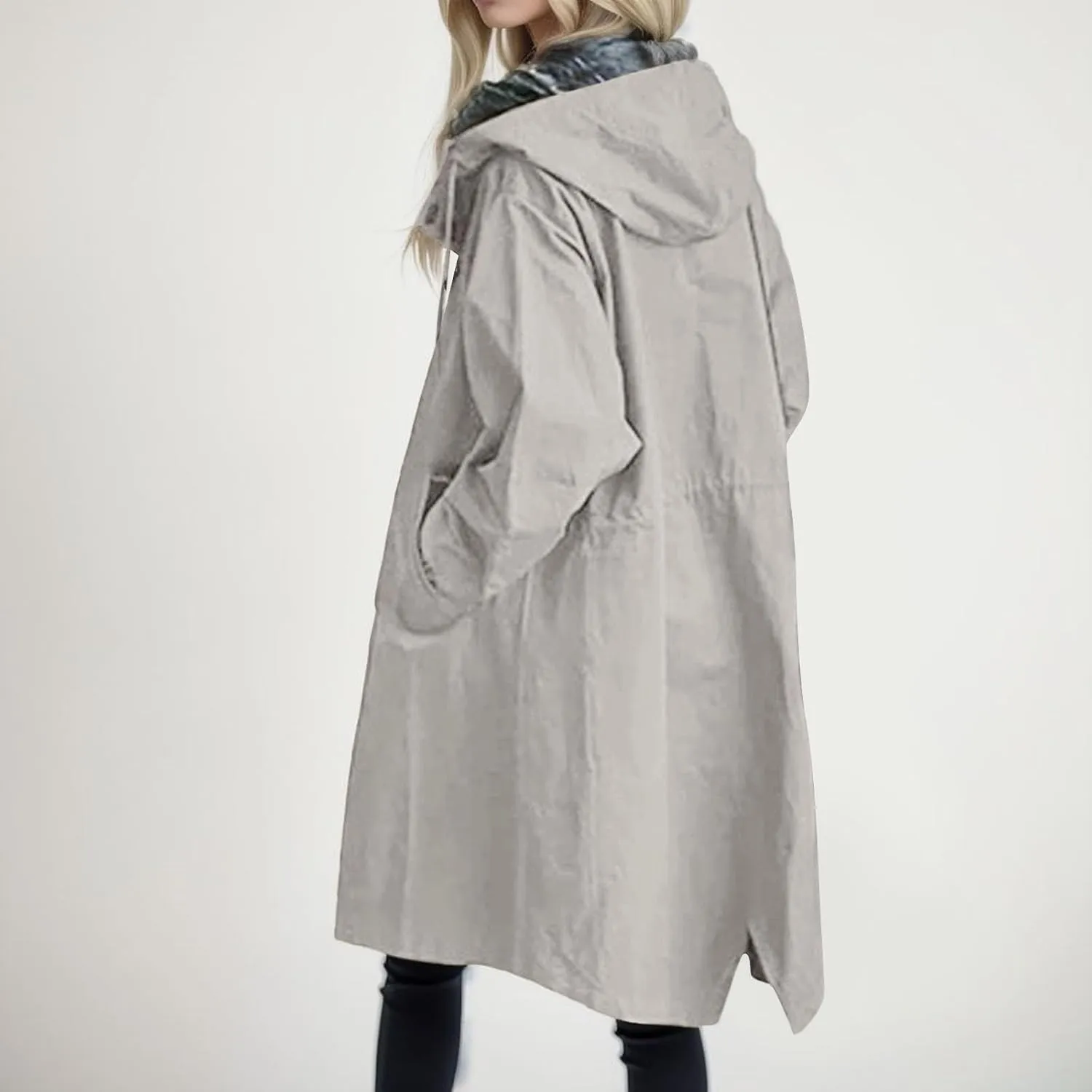 Womens Trench Coat Plus Size Waterproof Raincoat Lightweight Long Hooded Pea Coat Lined Windbreaker Elegant Jacket