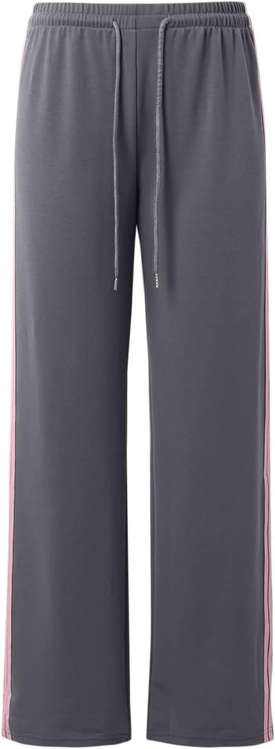 Womens Wide Leg Elasticated High Waist Trousers Side Striped Design Straight Casual Sweatpants Baggy Vintage Summer Pants