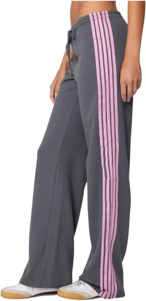 Womens Wide Leg Elasticated High Waist Trousers Side Striped Design Straight Casual Sweatpants Baggy Vintage Summer Pants