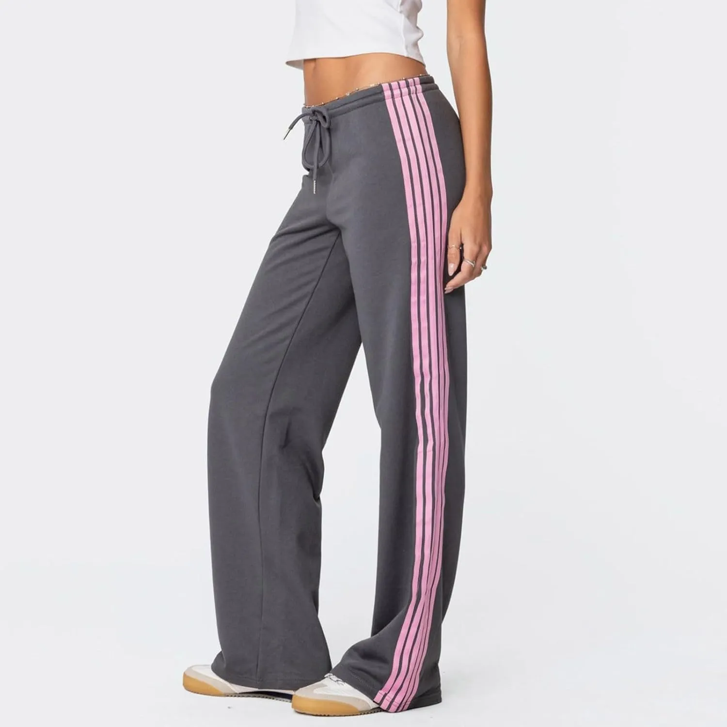 Womens Wide Leg Elasticated High Waist Trousers Side Striped Design Straight Casual Sweatpants Baggy Vintage Summer Pants